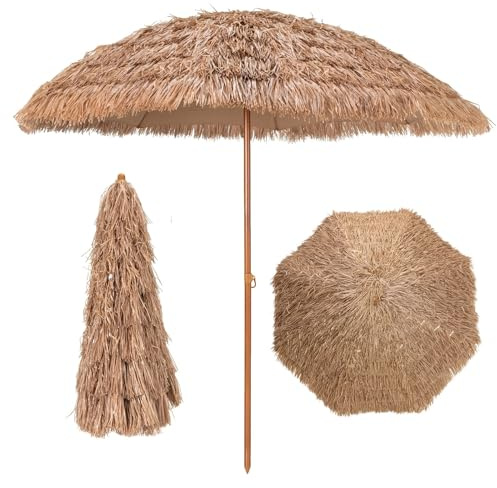 GOPLUS Sonnenschirm Hawaii 205cm, Strohschirm mit 8 Rippen, Sonnenschirm Stroh zum Sonnenschutz, Terrassenschirm tragbar leicht, für Garten, Terrasse, Balkon & Strand