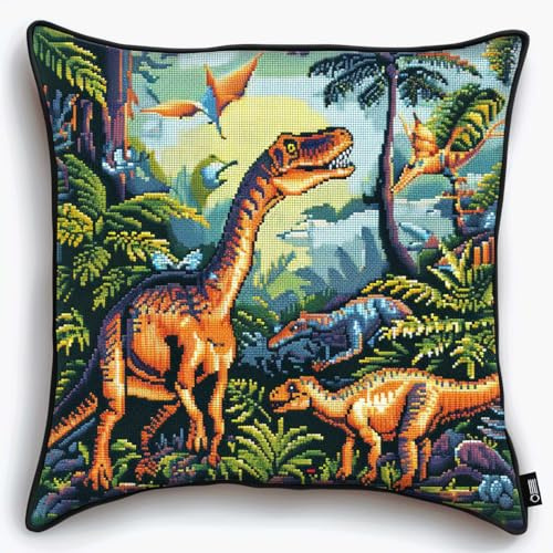 Stickset Für Kissen，Cartoon-Dinosaurier，Diy-Kreuzstich-Sofakissenbezug Mit Knüpfhakenwerkzeug，Passend Für Teenager Und Erwachsene，Knüpfhaken-Kissenbezug-Sete De Coussin À Crochet De Lo 43x43cm