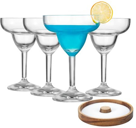 Margarita Glasses Set of 4 with Acacia Salt Rimmer, Acrylic Shatter-proof Cocktail Cups, Unbreakable Martini Champagne Coupe Glasses Drinkware for Pool or Party, BPA-free, Reusable, Clear,4PK