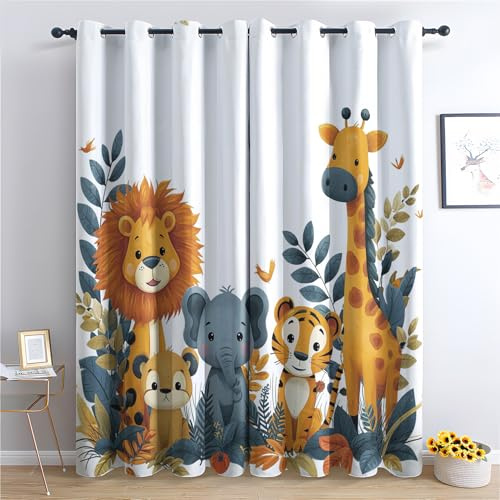 Generisch Tiger Löwe Giraffe Vorhang, Wohnzimmer Schlafzimmer Blickdichte vorhänge, Dschungel Tier Gardinen, mit Ösen Verdunkelungsvorhang, Vorhänge 2er Set, 137x117 cm 7YsU-155