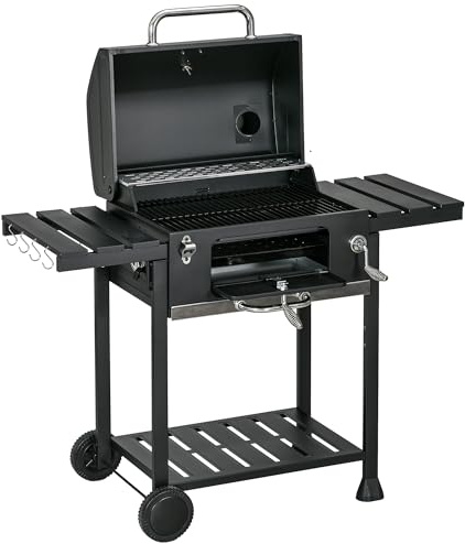 Outsunny Charcoal Barbecue Grill Trolley with Adjustable Charcoal Pan, Galvanised Steel Smoker BBQ Grill with Storage Shelves, Lid, Themometer, Bottle Opener and Wheels, Black
