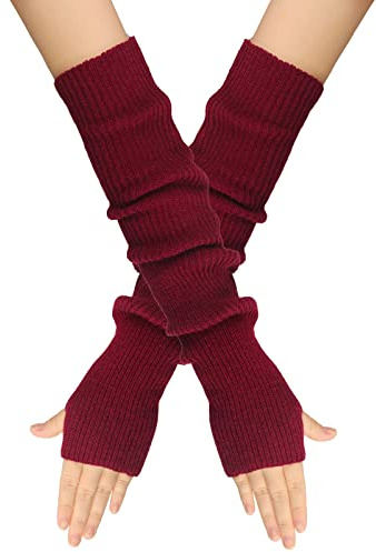 Anevous Lange Fingerlose Handschuhe für Damen, Weiche Winter Warme Handschuhe Vintage Stricken Handschuhe Gestrickt Stretch Armstulpen für Herbst Winter Zubehör,Weinrot