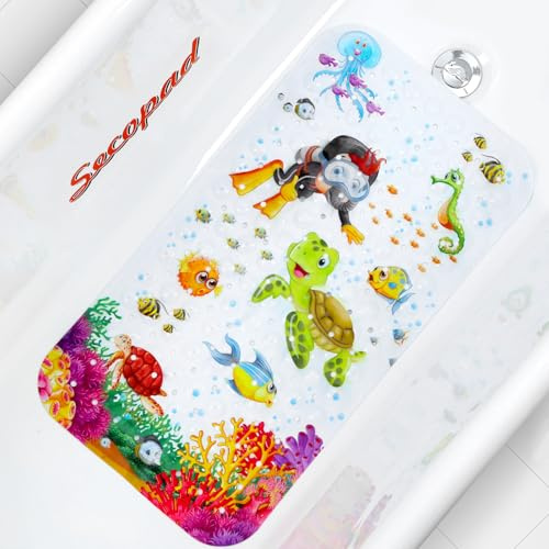 Secopad Alfombrilla de baño para bebé para niños, 27.5 x 15 pulgadas, antideslizante, con agujeros de drenaje y ventosas, lavable a máquina, tortuga