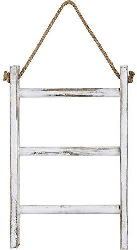 ANNJUC Scala per asciugamani da appendere alla parete, rustica, in legno imbiancato, scala per controsoffitto, decorazione per fattoria, con corda regolabile
