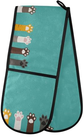 Double Oven Gloves Heat Resistant Cute Cat Paw Print Double Oven Mitts Pot Holder Heat Protection Oven Gloves for Home Kitchen Baking Cooking BBQ Microwave