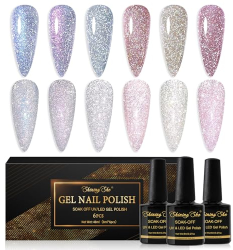 Shining She UV Nagellack Glitzer, 6 Farben Reflechissant Sparkly Rosa Golden Silber Gel Nagellack Set Soak-Off UV Gel Nail Polish Reflective Glitzer für Anfänger Art Maniküre,8ML