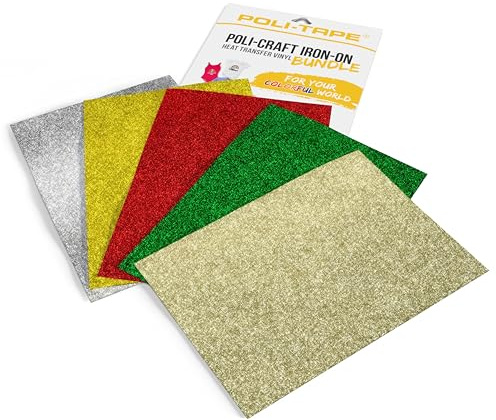 POLI-CRAFT IRON-ON BUNDLE GLITTER CHRISTMAS – 5 x POLI-FLEX® PEARL GLITTER, Glitzerfolie für Textilien, Glitter Weihnachten (Silber, Gold, Grün, Rot, Champagner), 5 x A4 (21 cm x 29,7 cm)