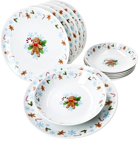 MamboCat Servizio da tavola Candyman, 12 pezzi, stoviglie in porcellana per 6 persone, con decorazione natalizia blu ghiaccio, 6 piatti fondi profondi e 6 piatti piani piani