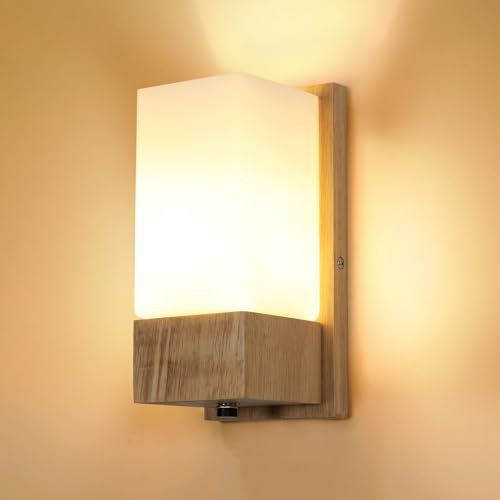 DELIPOP Apliques de Pared Interior Vintage, E27 Lámpara de Pared de Madera E27, Luz de Pared con Pantalla de Vidrio para Sala de Estar, Dormitorio, Pasillo, Escalera