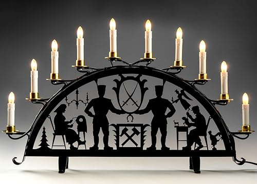 hand.kunst.ERZ Metall Schwibbogen 60cm, 10-flammig, Traditionelles Schneeberger Motiv, Bergmann, Schnitzer, Klöppelfrau, Metallschwibbogen - Hergestellt im Erzgebirge