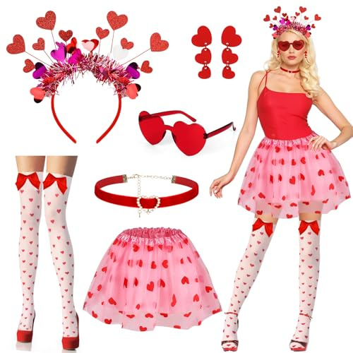 Beipegin Amor Kostüm Damen,Tüllrock Herz Haarreif Herz Sonnenbrille Ohrringe Halskette Romantische Cupid Kostüme Accessoires Für Valentinstag Karneval Party Cosplay