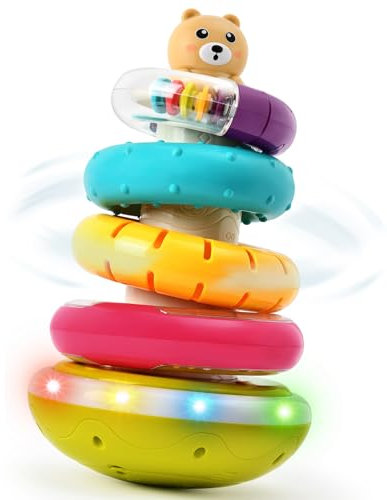 vamei Stapelturm für Stapelspiel, Baby Spielzeug ab 1 Jahr, Stapelspielzeug mit Rassel & Automatische Rotation & Musik & Licht, Stehaufmännchen Baby Babyspielzeug für Jungen Mädchen ab 6 12 18 Monate