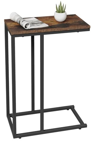 WOLTU Table d'Appoint en Forme de C, Bout de Canapé, Cadre en Métal, Plateau en Bois d'Ingénierie, pour Salon, Chambre, 45x25x63,5cm,Marron Rustique + Noir
