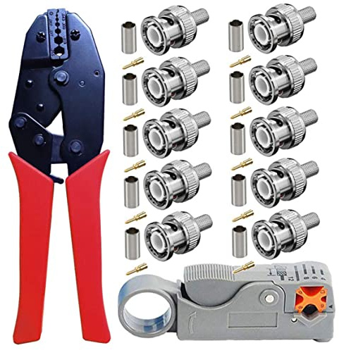 BNC Tool de enjuague Conjunto de cable coaxial giratorio Ratchet Primper con conectores de engarzado masculino BNC para cable RG59