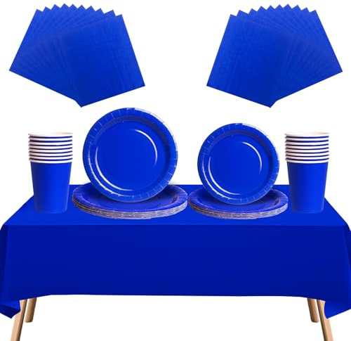 Juego de vajilla desechable de 69 piezas, 20 servilletas, 16 tazas, 16 platos de 7 y 9 pulgadas, 1 mantel azul, vajilla biodegradable para cumpleaños, bodas, fiestas de Navidad de niños y adultos