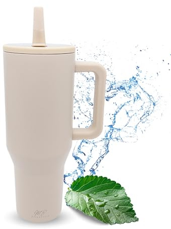 MB Essentials Thermobecher mit Strohhalm & Henkel – 1,2L Trinkbecher to go – 100 % auslaufsicher, hält 24h kalt & 8h warm – BPA-frei, Edelstahl, Cupholder-kompatibel, modern & nachhaltig (Beige)