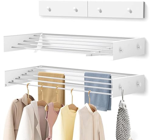 APROMOOM Clothes Drying Rack 31.5 inches Foldable Wall Mount Laundry Rack Folding Indoor Drying Rack Clothing Collapsible Hidden Space Saver with Wall Template 5 Rods White