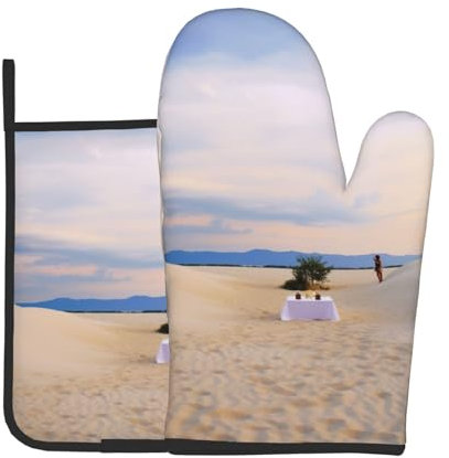 Romantische Ofenhandschuhe und Topflappen, Weiß, Sandlandschaft, 2er-Set, hitzebeständig, rutschfest, wasserdicht, Kochhandschuhe zum Backen, Kochen, Grillen