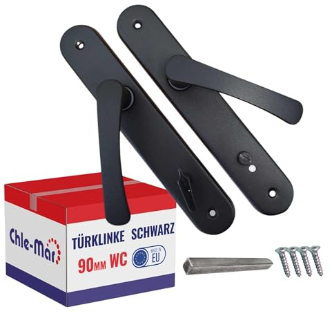 Chle-Mar - Türgriff Drückergarnitur mit Langschild – Schwarz / 90 mm/für Toiletten - Langschildgarnitur - Türklinke Set für Innentüren – Türbeschlag – Türgriffe mit Schlossloch – Türgarnitur