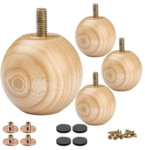 Btowin 2 inch Ash Wood Round Ball Furniture Legs, 4-Pack, Varnish Finished | Ash Wood. Compact Design with M8 Bolts, Hardware Included. Ideal for Sofa, Cabinet, Bed and Dresser. Minimalist Modern Style