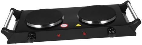 KOCKSHION Portable 2000w Electric Burner Double Cast Iron Plate Hot Stove Handle Uk Plug, Dual Burner Cooktop for Home and Outdoor Use, Black Portable Hot Plates