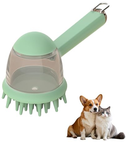 Hunde Badebürste, Hunde Waschbürste mit Seifenspender, Dusche Bürste Silikon, Katzen Bürste Hundebürste Nachfüllbares Hundeshampoo, Massage Badebürste mit Langem Griff für Katzen und Hundedusche