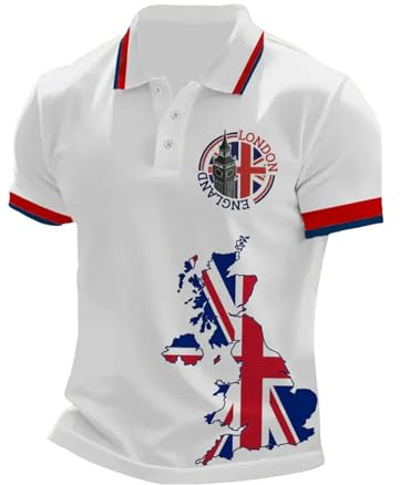 Mens Union Jack Polo Shirts England UK Flag Print Short Sleeve Collared Button Down Golf Shirt Classic Fit Great Britain Activewear Polos Casual Work Sports Tee Top Holiday Clothes for Men UK