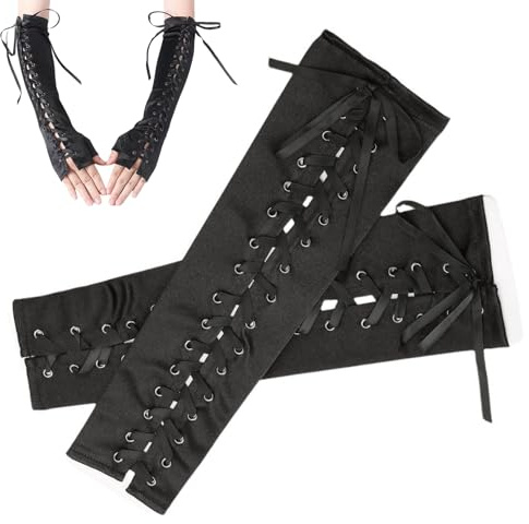 Hexen Handschuhe Spitze Armstulpen Gothic Feder Gloves Hexenhandschuhe Hexe Arme Braut mit Schnürung Damen Kostüm Accessoires für Fest Ball Party Cosplay Fasching Halloween Hochzeit Karneval Opera
