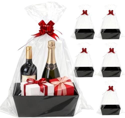 WPPQWP 5 cesti regalo vuoti, in cartone con manici, cestino per regali con fiocchi e pellicola regalo, trasparente, cestino regalo vuoto per Natale, compleanni (fiocco rosso)