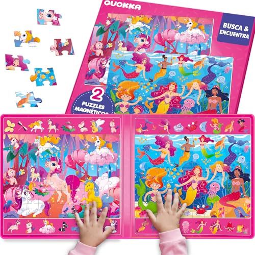 Quokka Rompecabezas Magnéticos para Niños de 3 4 5 Años – 2 Set de 60 Piezas Puzzles – Buscar y Encontrar - Apto para Viajar con Sirenas y Unicornios – Educativo Puzzle 3 Años