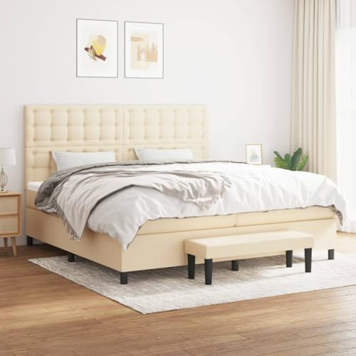Mokuyary resårsäng med madrass, krämfärgad, 200 x 200 cm, tyg, sängram, säng med ribbotten, plattform, sängram, enkel montering för sovrum, gästrum – H