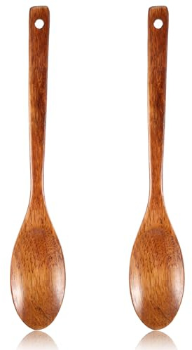 2Pcs Large Wooden Spoons for Cooking 12.8 Inch Long Handle Wood Spoon