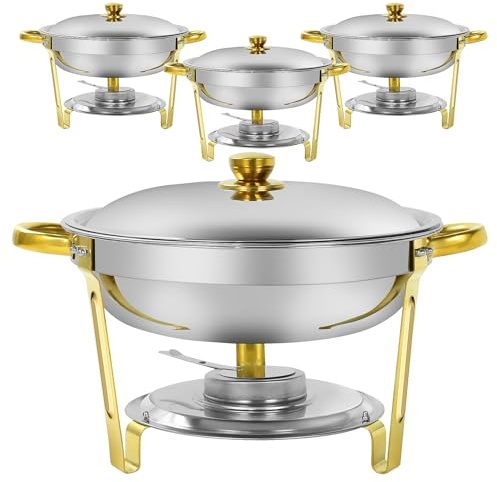 Set di scaldavivande e contenitori per buffet, da 5 litri, color oro e argento in acciaio inossidabile, rotondi, con coperchio, ideali per catering, feste, cene e matrimoni,4 Pack