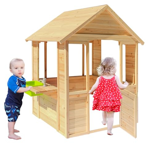 Playhouse for Kids Outdoor, Wooden Country Style Playhouse with Sink, Windows, Working Door, Cookware Pots, Cottage Play House for Outdoor Backyard Patio Play (Natural)