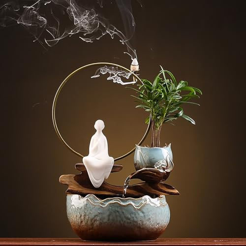Bordfontän, Keramik, Automatiskt cirkulerande vattenflöde, Bakflödesrökelsebrännare, Feng Shui Zen, Inredning för inomhus, Kontor, Vardagsrum(E,8.6 * 7.4 * 12.5in)