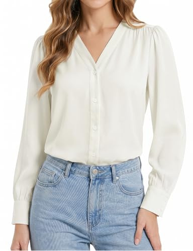 Enmain Womens Long Sleeve V Neck Blouse Ladies Chiffon Smart Shirt | Collarless, Button Up, Regular Fit, Causal Business, Formal Work, Plain Tops, Lightweight