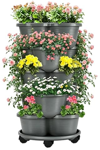 Vertikal blomlåda | 5-vånings odlingstorn stapelbar med hjul - behållare för odling av växter och grönsaker - för inomhus utomhus trädgård terrass balkong blommor grönsaker