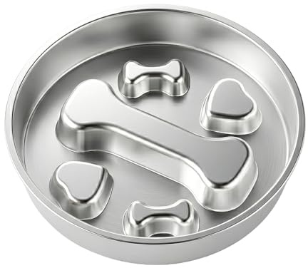 Cotabacuco Antischlingnapf Hunde Edelstahl, Langsames Fressen gegen Schlingen und Erbrechen, Großes Volumen für Hunde und Katzen, Rostfrei und Lebensmittelecht, Knochen Design, Silber