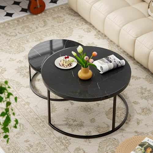 okwish 2er Set Runde Couchtische, Moderne Satztische für Wohnzimmer, Stapelbare Sofatische mit schwarzer MDF-Tischplatte & schwarzem Metallrahmen, Beistelltische für Wohnzimmer, Balkon, Büro, 80x45 cm