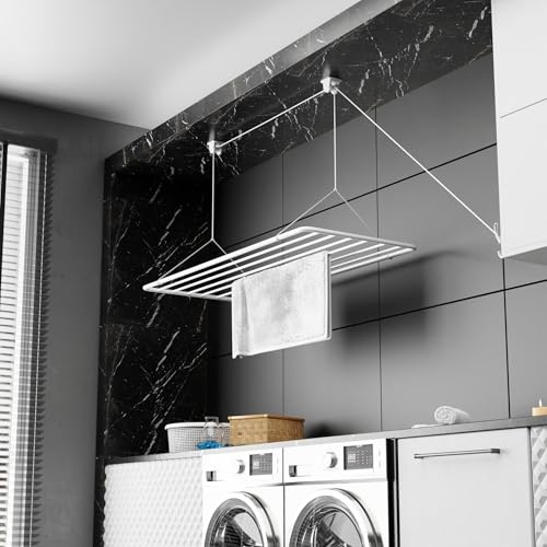 Erica Eric Deckentrockner ERIC 70x50cm, Wäscheständer für die Decke mit 5.6 Meter Trocknungsoberfläche, Vertikal Zusammenklappbar 2.5 Meter, Metall mit PVC-freier Kunststoffbeschichtung, Weiß