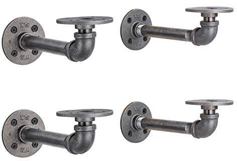 PIPE DECOR Industrial Pipe Shelf Brackets, 6 Inch, 4 Pack – Wall Mounted Double Flange Floating Shelf Hardware, Rustic Vintage-Style Shelving Support Set