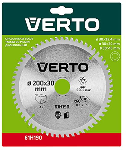 VERTO Widia-Sägescheibe 200 x 30 mm/215 x 30 mm, 60 Zähne, für Aluminium, Scheibenstärke 1,6 mm, Zahnstärke 2,4 mm, Reduktionsstücke: 30 x 16 mm, 30 x 20 mm, 30 x 25,4 mm