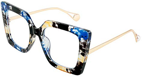FEISEDY Vintage Blaulichtfilter Brille Damen Übergröß Ohne Stärke B2639 | Eckige Computerbrille Groß, Metallbügel mit Perlenintarsie