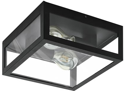 EGLO Deckenlampe Amezola, 2 flammige Wandlampe, Deckenleuchte Industrial | Vintage, Wohnzimmerlampe aus Stahl und Glas, Küchenlampe in Schwarz, Klar, Badezimmer Lampe mit E27 Fassung, IP44