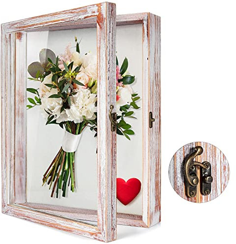 TJ.MOREE Blumen Große Schattenbox Vitrine Rahmen mit Glasfenstertür Bilderrahmen Hochzeitsstrauß Erinnerungsstücke Medaillen Fotos Erinnerungsbox für Andenken - Rustikales Schwarz (35 x 28 cm -Weiß)