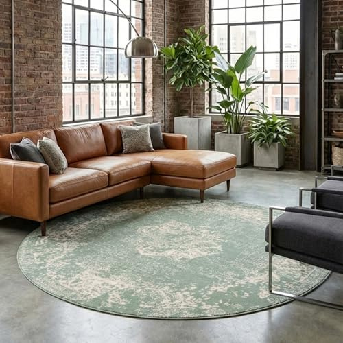 FRAAI | Home & Living Vintage Teppich Rund - Wonder Grün - Ø 150 cm | Synthetik, Polypropylen - Kurzflor - Vintage - Klassik, Orientalisch - Wohnzimmer, Esszimmer, Schlafzimmer