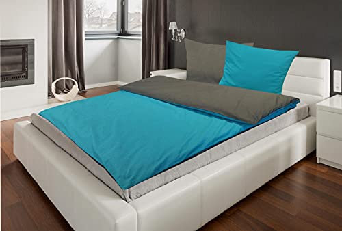 MB Warenhandel24 Bettwäsche Doppelpack 4-Teilige Hochwertige Renforcé aus 100% Baumwolle Uni Wende Anthrazit/Türkis 2X 135x200 Bettbezug + 2X 80x80 Kissenbezug