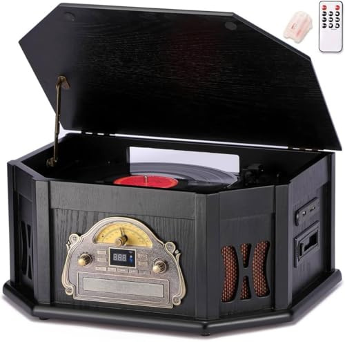 ORCC Tourne-disque vintage 10 en 1, avec carte cadeau, platine vinyle pour 33/45/78 tr/min, lecteur CD/USB/SD, Bluetooth et télécommande, radio FM/AM pour les amateurs de musique, noir