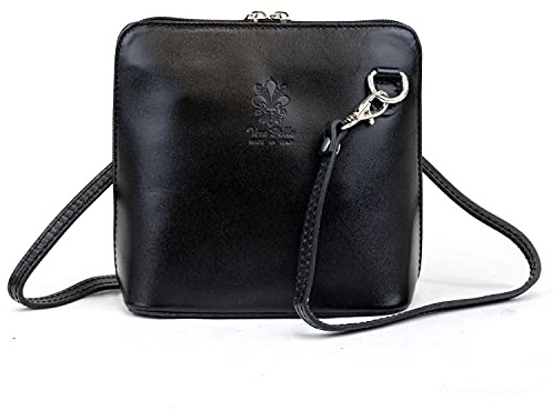 Woodland Leather Piccola borsa Vera Pelle Borsa a tracolla in vera pelle per donna, mini borsa a tracolla italiana Cinturino di alta qualità, Nero, 17 cm x 17 cm x 8 cm