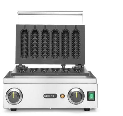 HENDI Waffeleisen 'Corn Dog', Für 6 leckere Lollipop-Waffeln oder Corn Dogs, Temperatur einstellbar von 50˚C bis 220˚C, Teflon®-Antihaftbeschichtung, 230V, 1550W, 390x335x(H)230mm, Edelstahl
